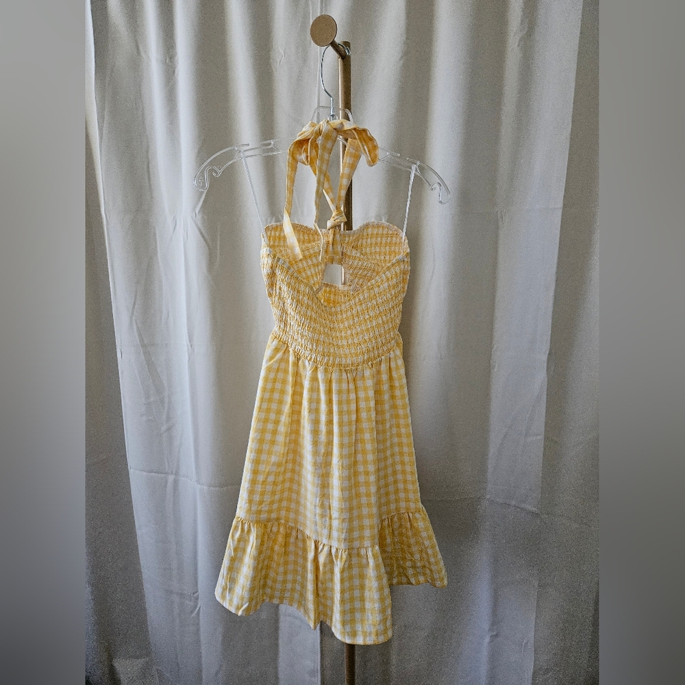 Twenty Ten Yellow Gingham Smocked Mini Dress | Halter Tie - Picture 5 of 7